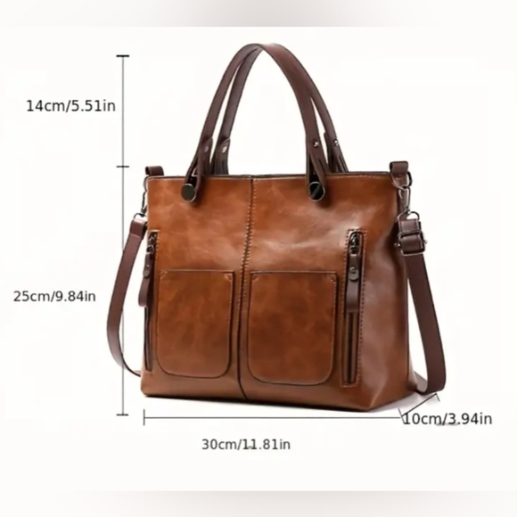 Satchel Crossbody Bag Leather Look Casual Shoulder Handbag Taupe/Brown Medium - Picture 13 of 14